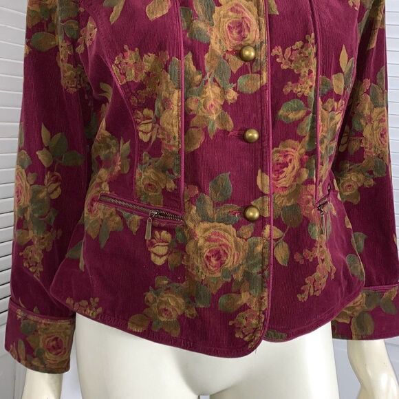 Liz Claiborne Wine Floral Corduroy Button Down Jacket Petite Large - Picture 3 of 14